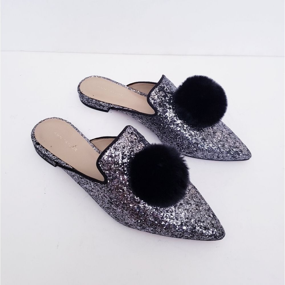 Ann Taylor Metallic Glitter Pom Pom Silver Black Mules - Picture 4 of 11